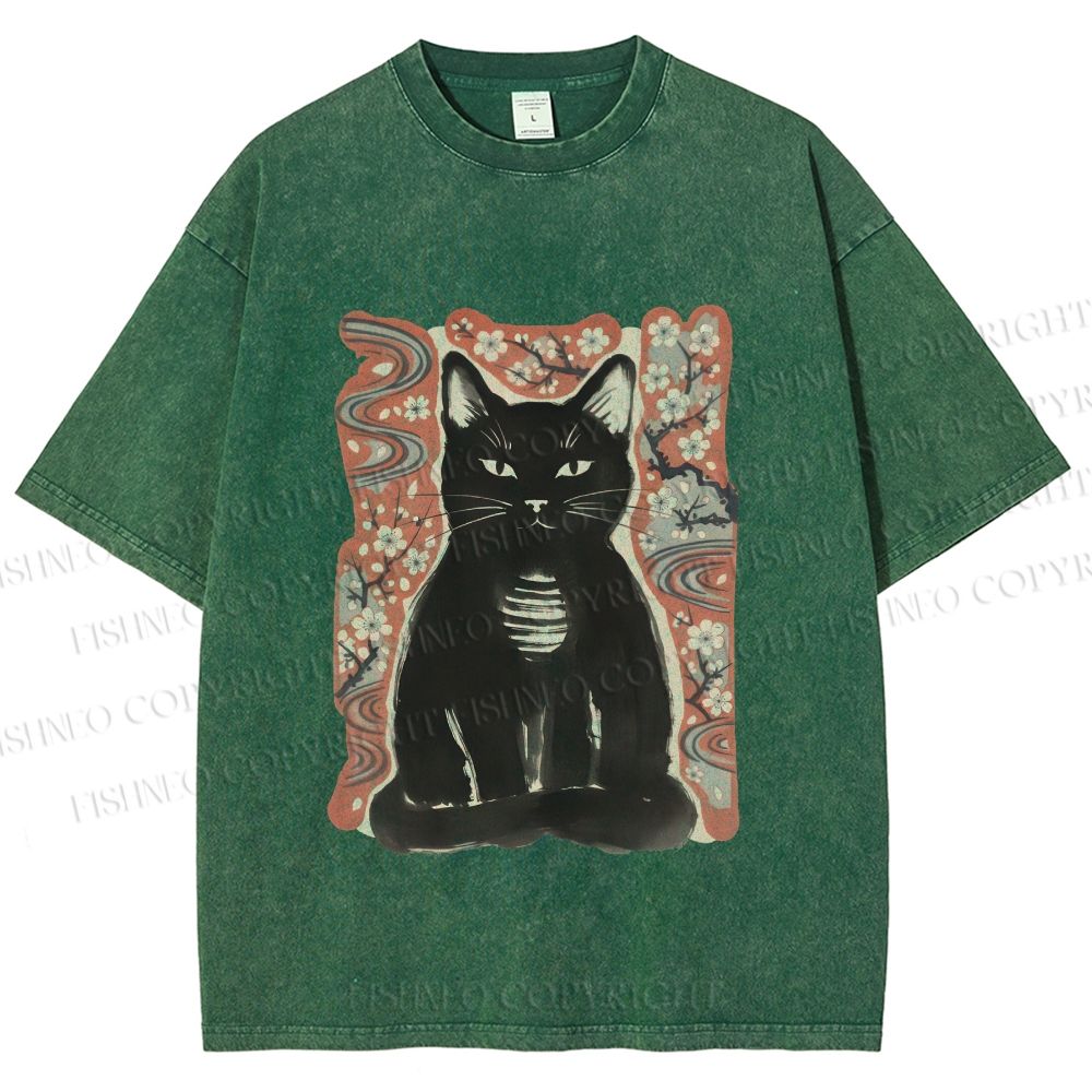 Unisex Japanese Black Cat Sakura Printed Washed Tee
