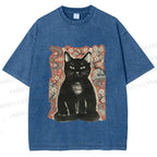 Unisex Japanese Black Cat Sakura Printed Washed Tee