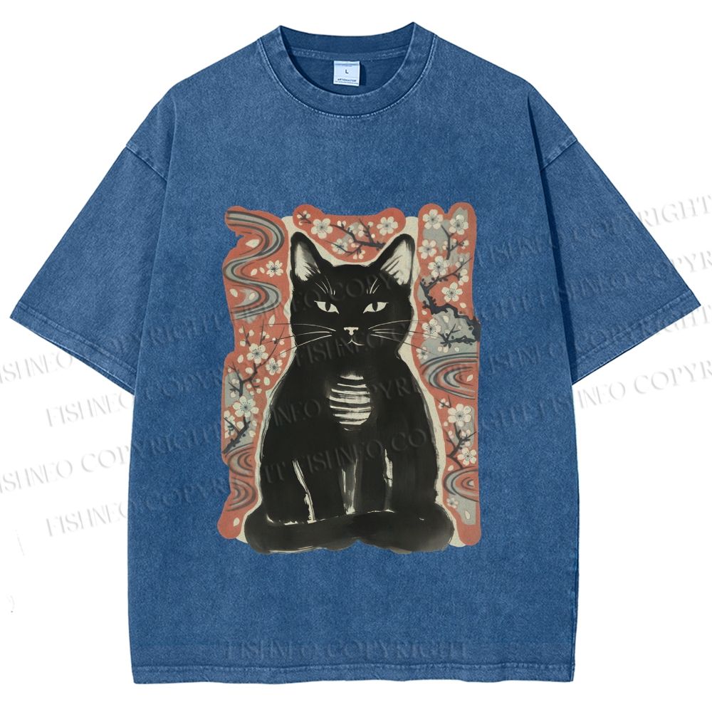 Unisex Japanese Black Cat Sakura Printed Washed Tee
