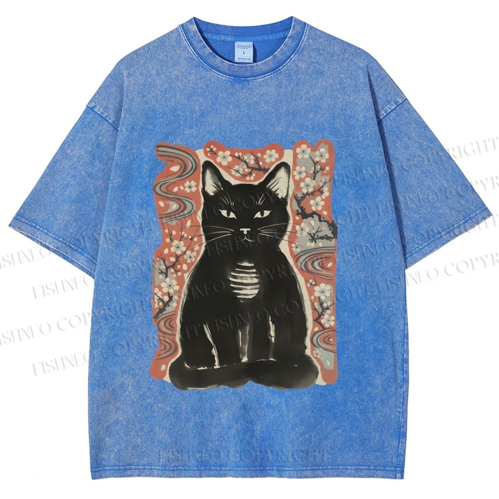 Unisex Japanese Black Cat Sakura Printed Washed Tee