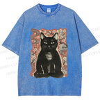 Unisex Japanese Black Cat Sakura Printed Washed Tee