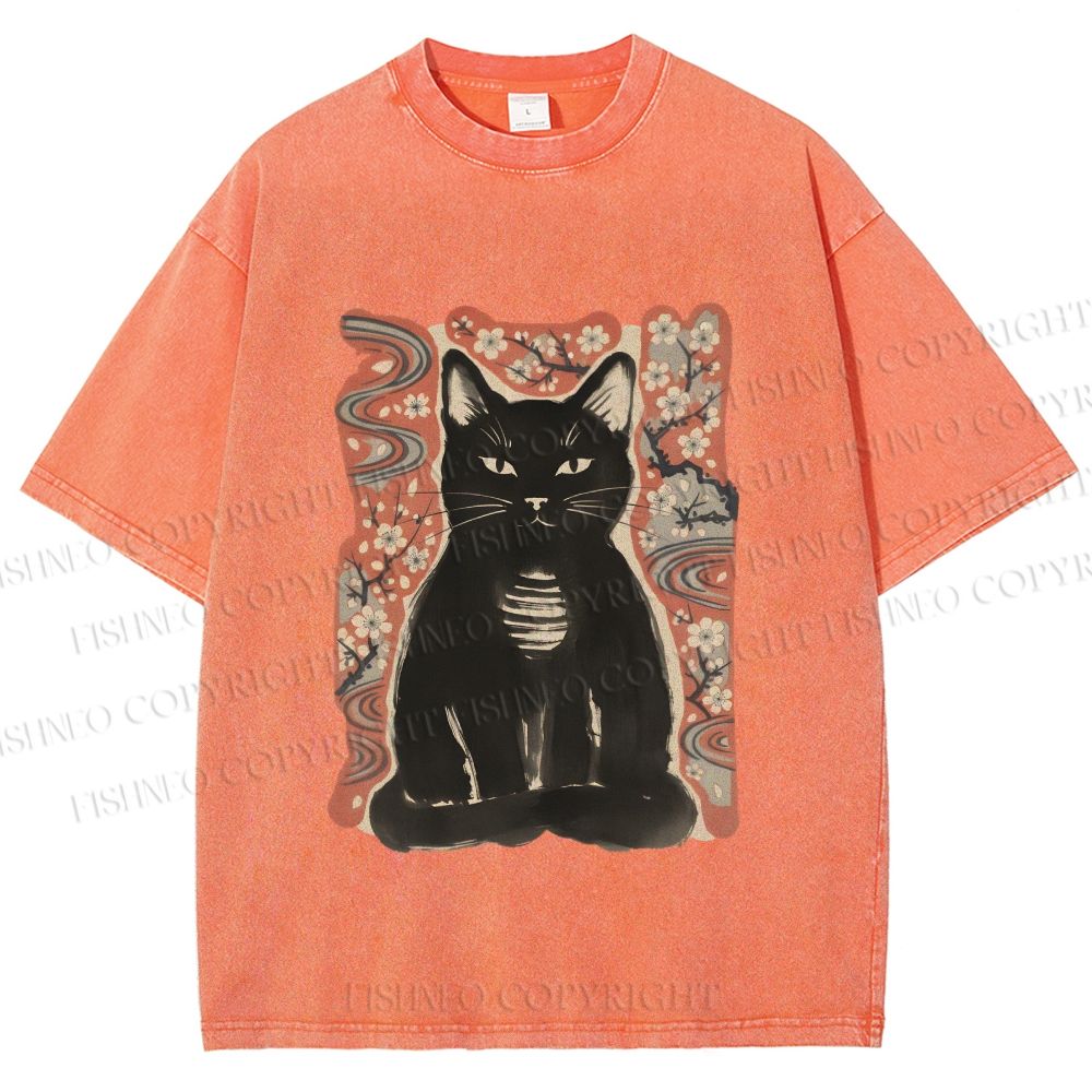 Unisex Japanese Black Cat Sakura Printed Washed Tee