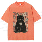 Unisex Japanese Black Cat Sakura Printed Washed Tee