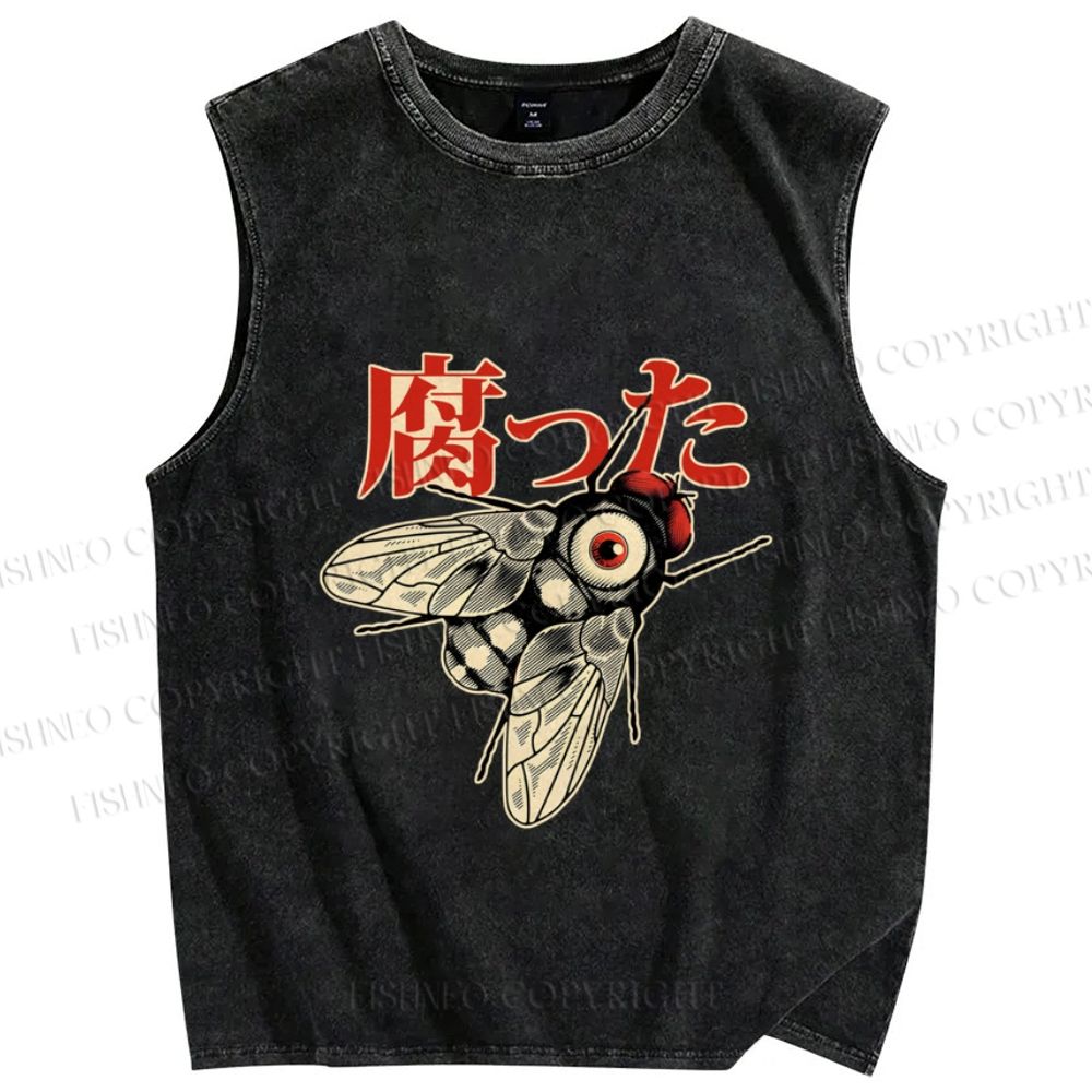 Unisex Japanese Bug Printed Washed Tank Top