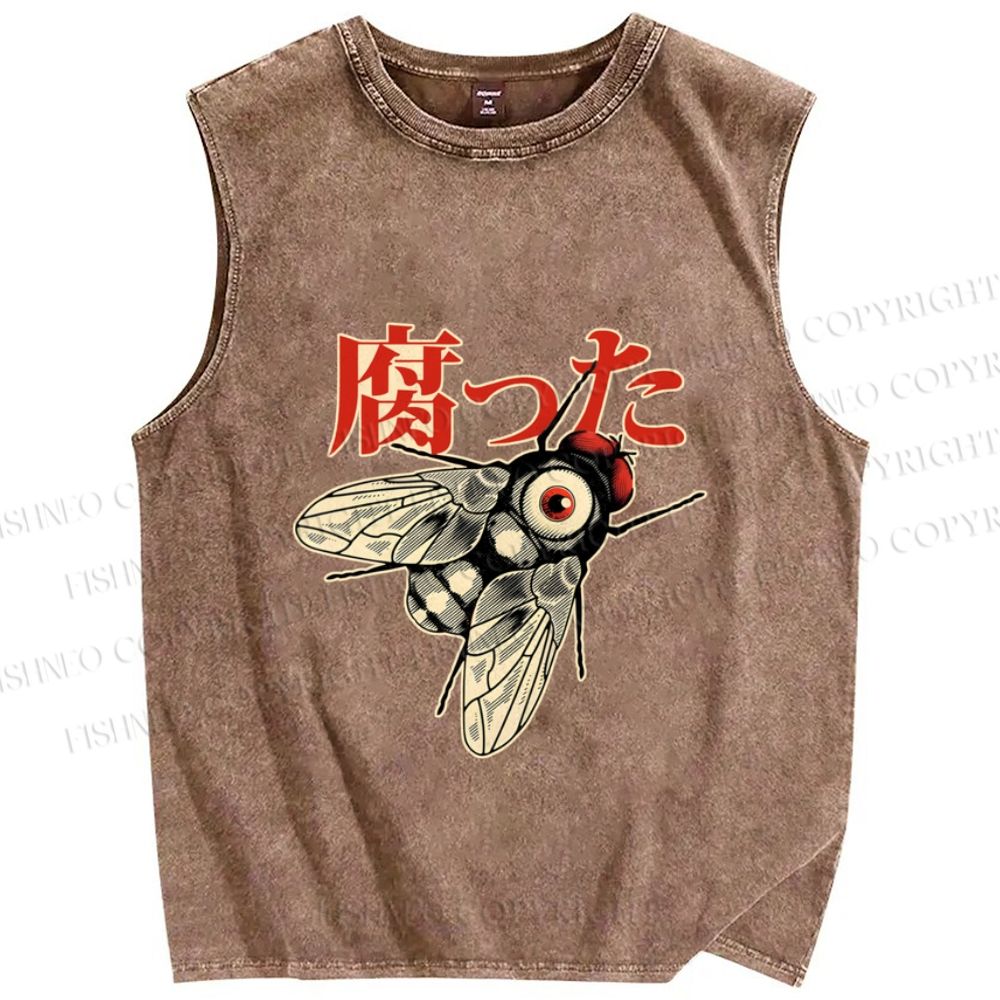 Unisex Japanese Bug Printed Washed Tank Top