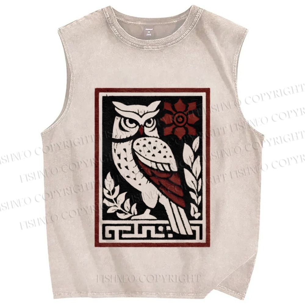 Unisex Vintage Owl Printed Washed Tank Top