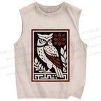 Unisex Vintage Owl Printed Washed Tank Top