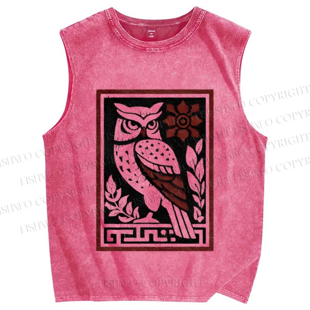 Unisex Vintage Owl Printed Washed Tank Top