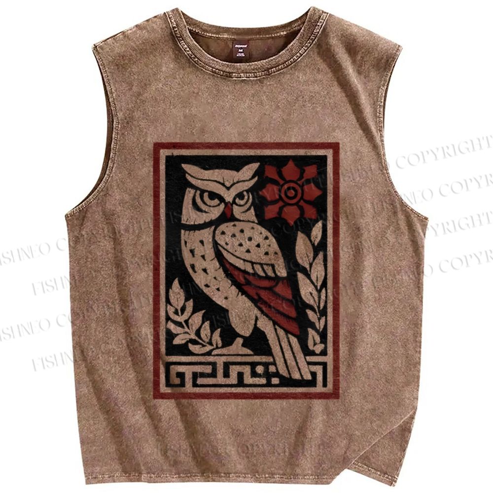 Unisex Vintage Owl Printed Washed Tank Top