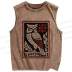 Unisex Vintage Owl Printed Washed Tank Top
