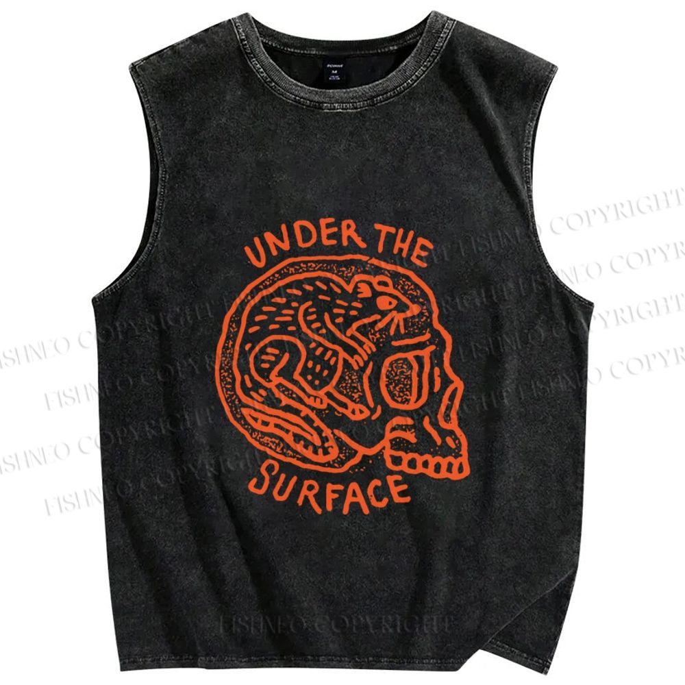 Unisex Rat Under the Surface in Skull Printed Washed Tank Top