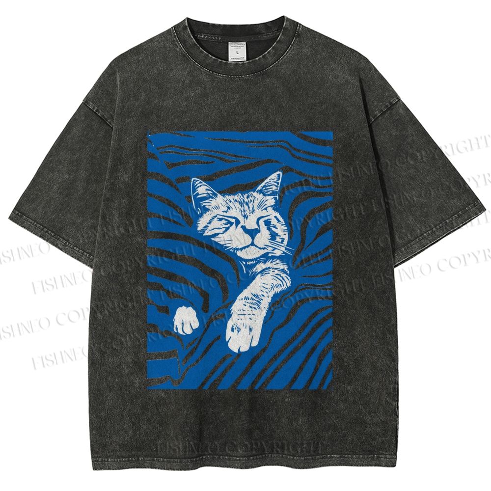 Unisex Lazy Striped Cat Printed Washed Tee