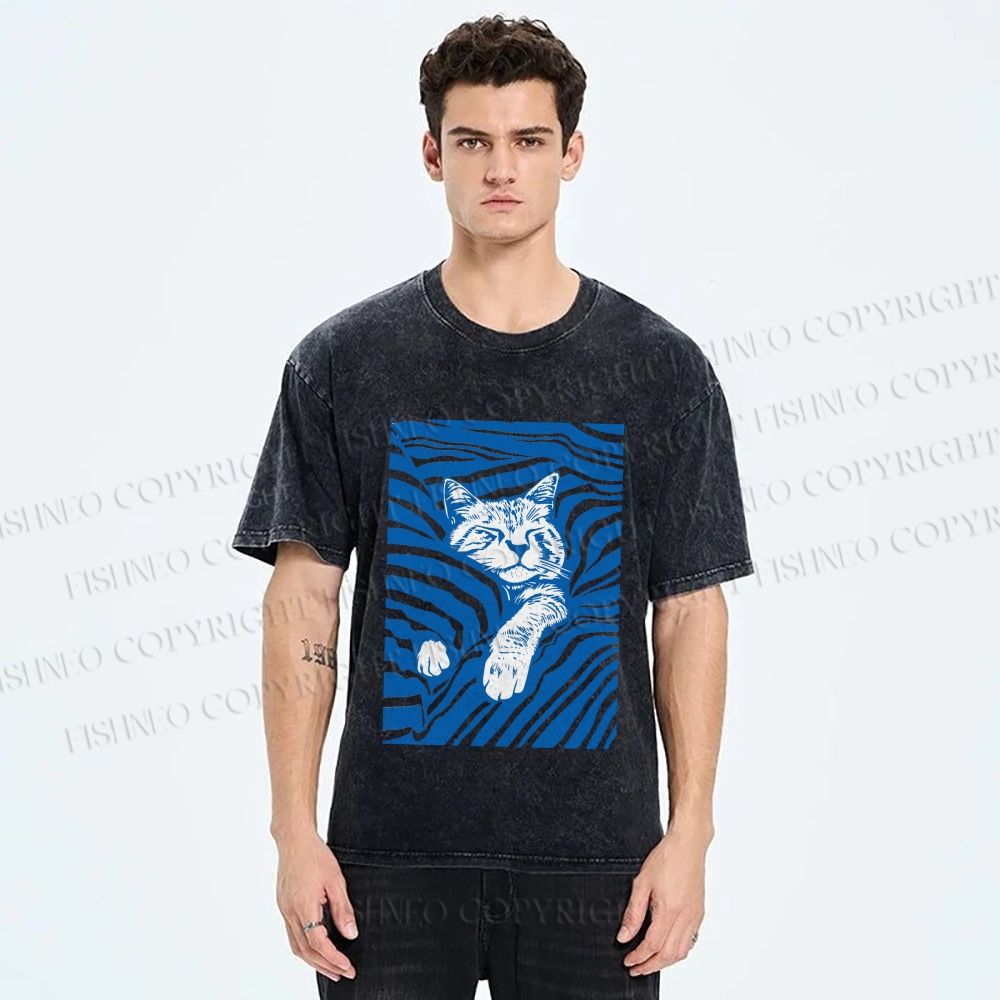 Unisex Lazy Striped Cat Printed Washed Tee
