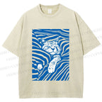 Unisex Lazy Striped Cat Printed Washed Tee