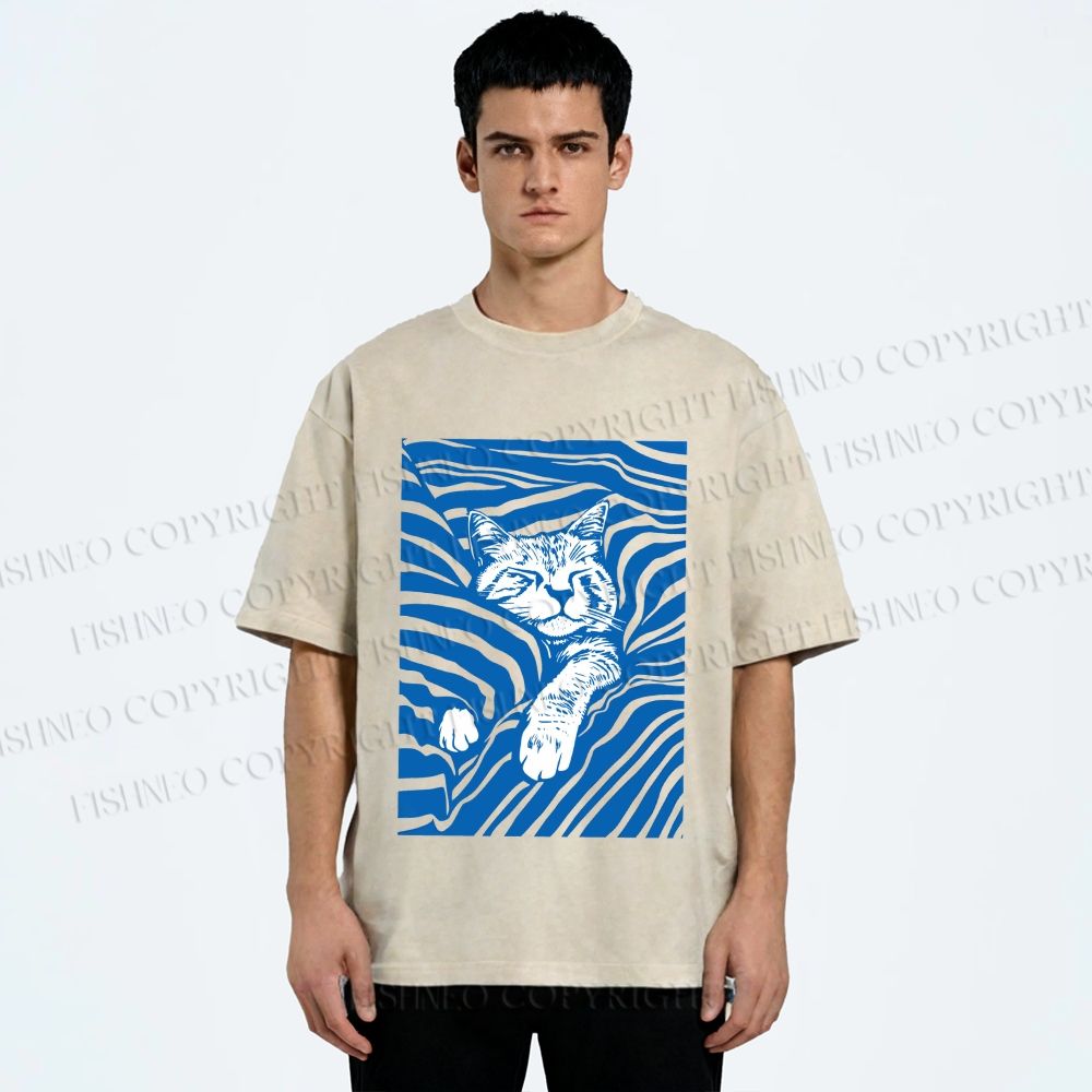 Unisex Lazy Striped Cat Printed Washed Tee
