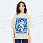 Unisex Lazy Striped Cat Printed Washed Tee
