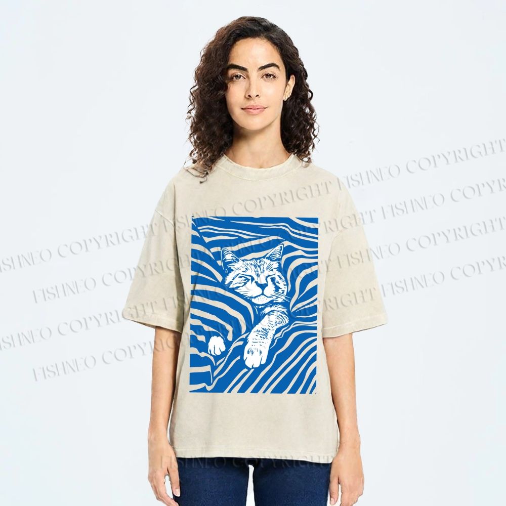 Unisex Lazy Striped Cat Printed Washed Tee