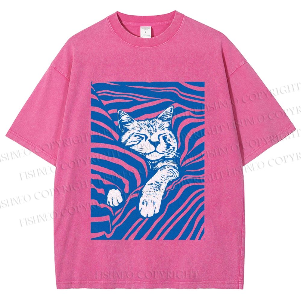 Unisex Lazy Striped Cat Printed Washed Tee