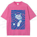 Unisex Lazy Striped Cat Printed Washed Tee