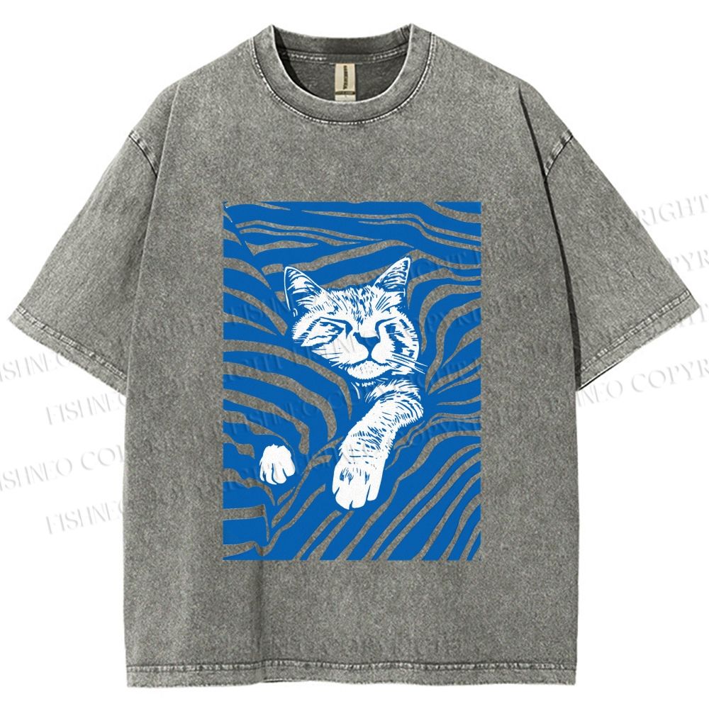 Unisex Lazy Striped Cat Printed Washed Tee