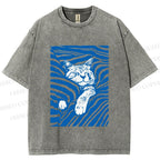 Unisex Lazy Striped Cat Printed Washed Tee