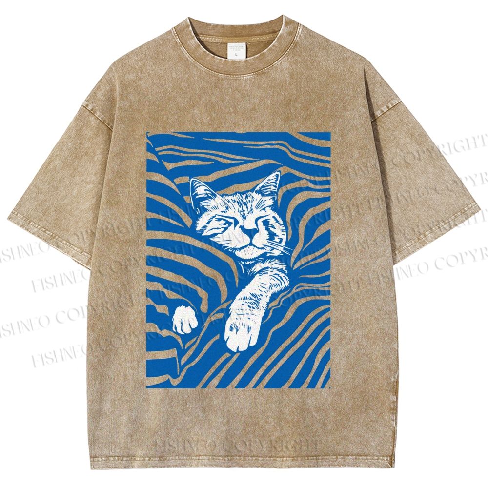 Unisex Lazy Striped Cat Printed Washed Tee