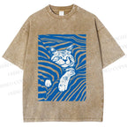 Unisex Lazy Striped Cat Printed Washed Tee
