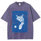 Unisex Lazy Striped Cat Printed Washed Tee