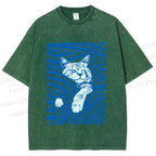 Unisex Lazy Striped Cat Printed Washed Tee