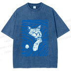 Unisex Lazy Striped Cat Printed Washed Tee