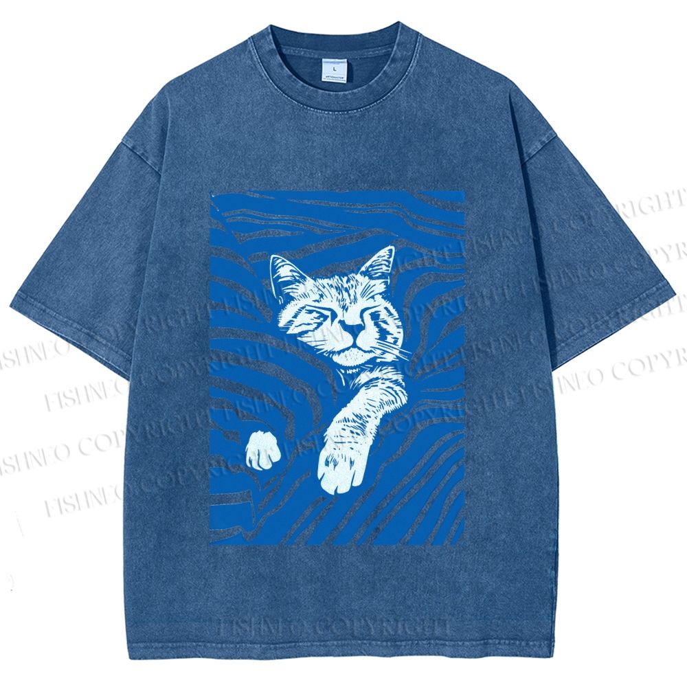 Unisex Lazy Striped Cat Printed Washed Tee