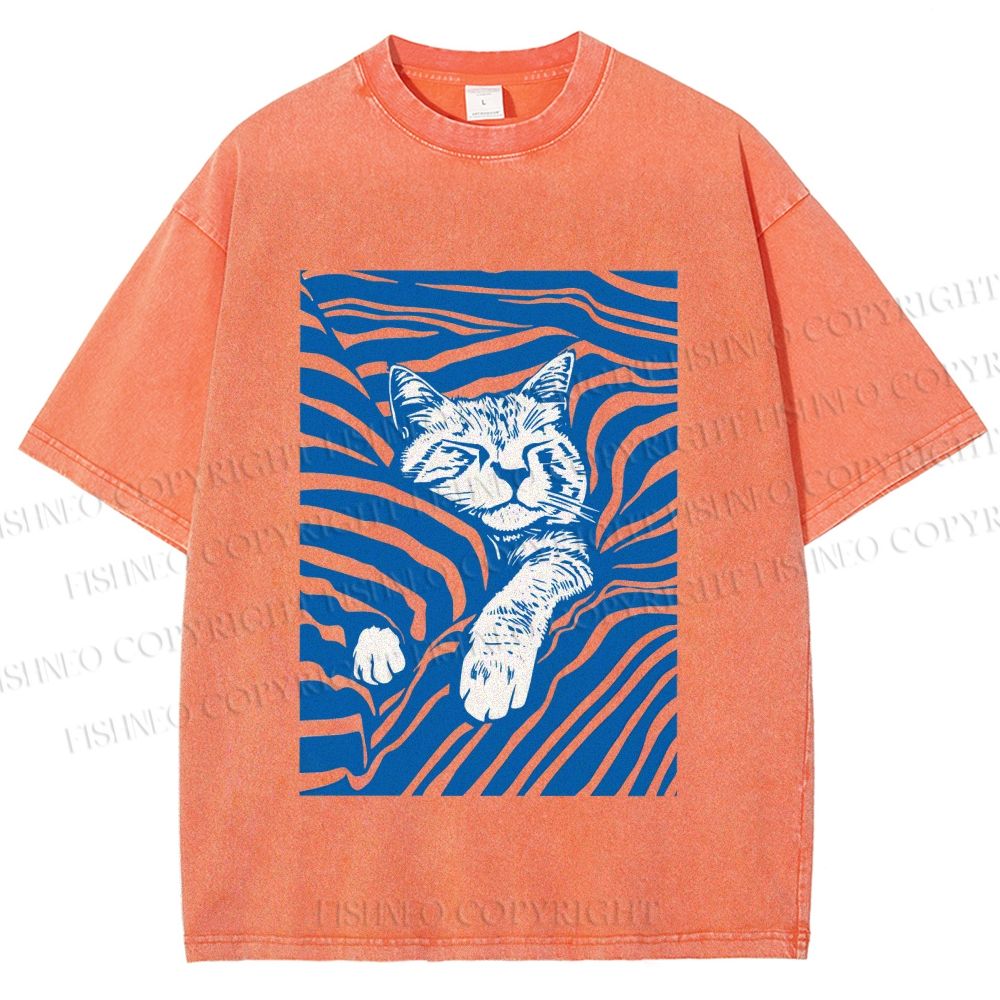 Unisex Lazy Striped Cat Printed Washed Tee