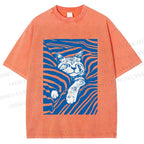 Unisex Lazy Striped Cat Printed Washed Tee