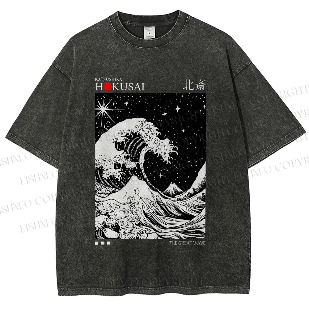 Unisex Retro Wave Japan Printed Washed Tee