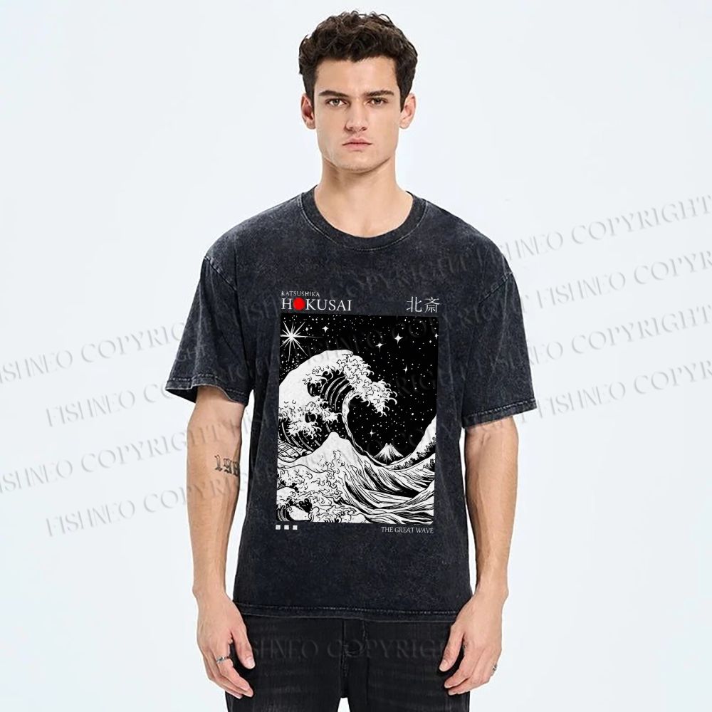 Unisex Retro Wave Japan Printed Washed Tee