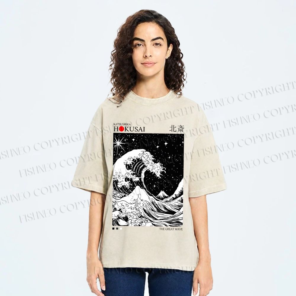 Unisex Retro Wave Japan Printed Washed Tee
