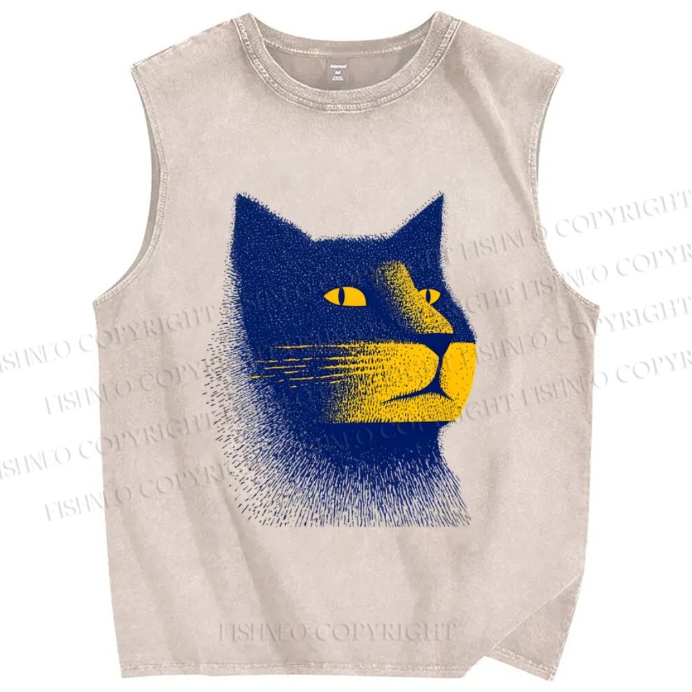 Unisex Stippling Cat Printed Washed Tank Top
