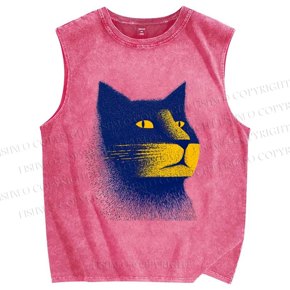 Unisex Stippling Cat Printed Washed Tank Top