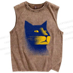Unisex Stippling Cat Printed Washed Tank Top