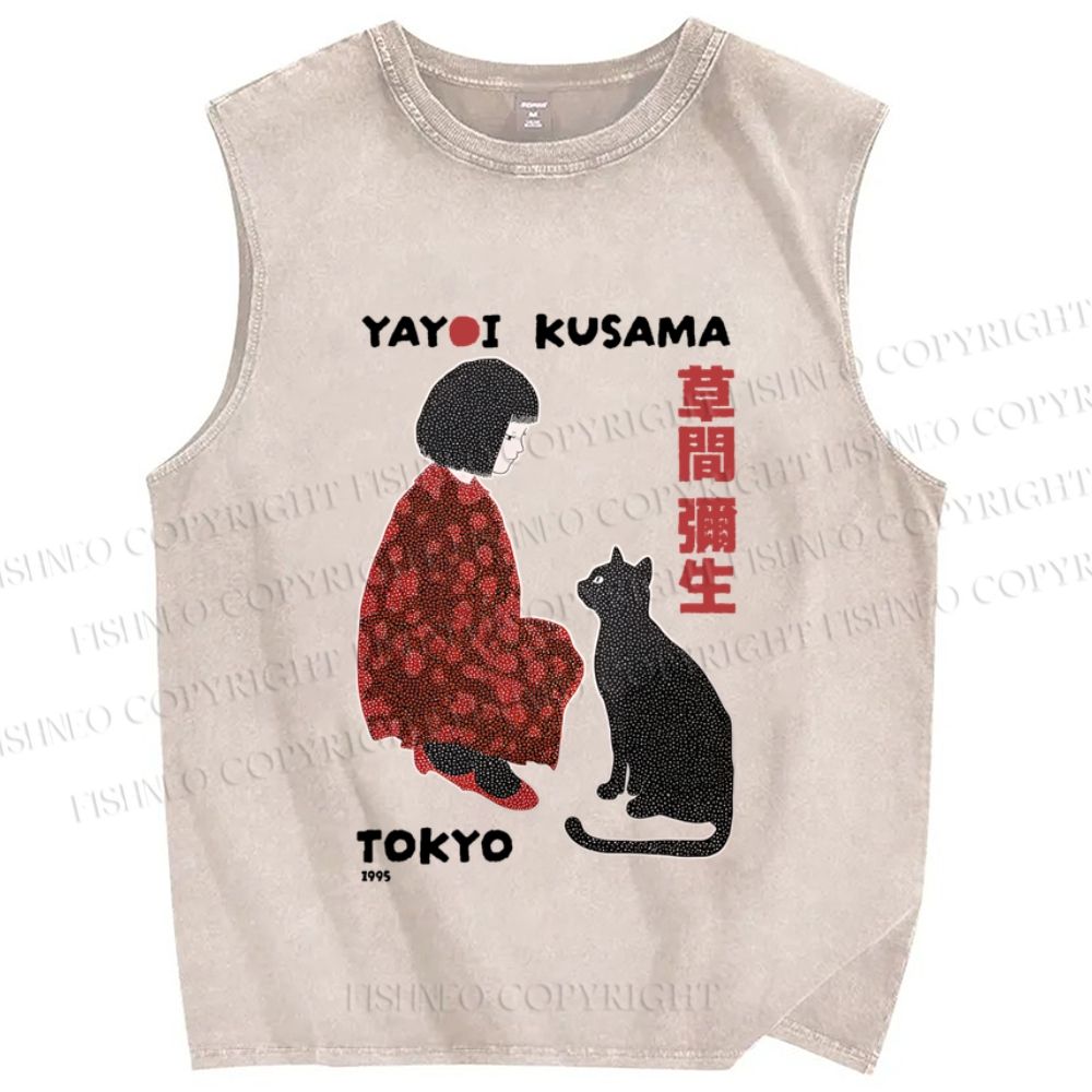 Unisex Yayoi Kusama Woman With Black Cat Printed Washed Tank Top