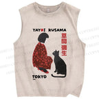 Unisex Yayoi Kusama Woman With Black Cat Printed Washed Tank Top