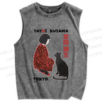 Unisex Yayoi Kusama Woman With Black Cat Printed Washed Tank Top