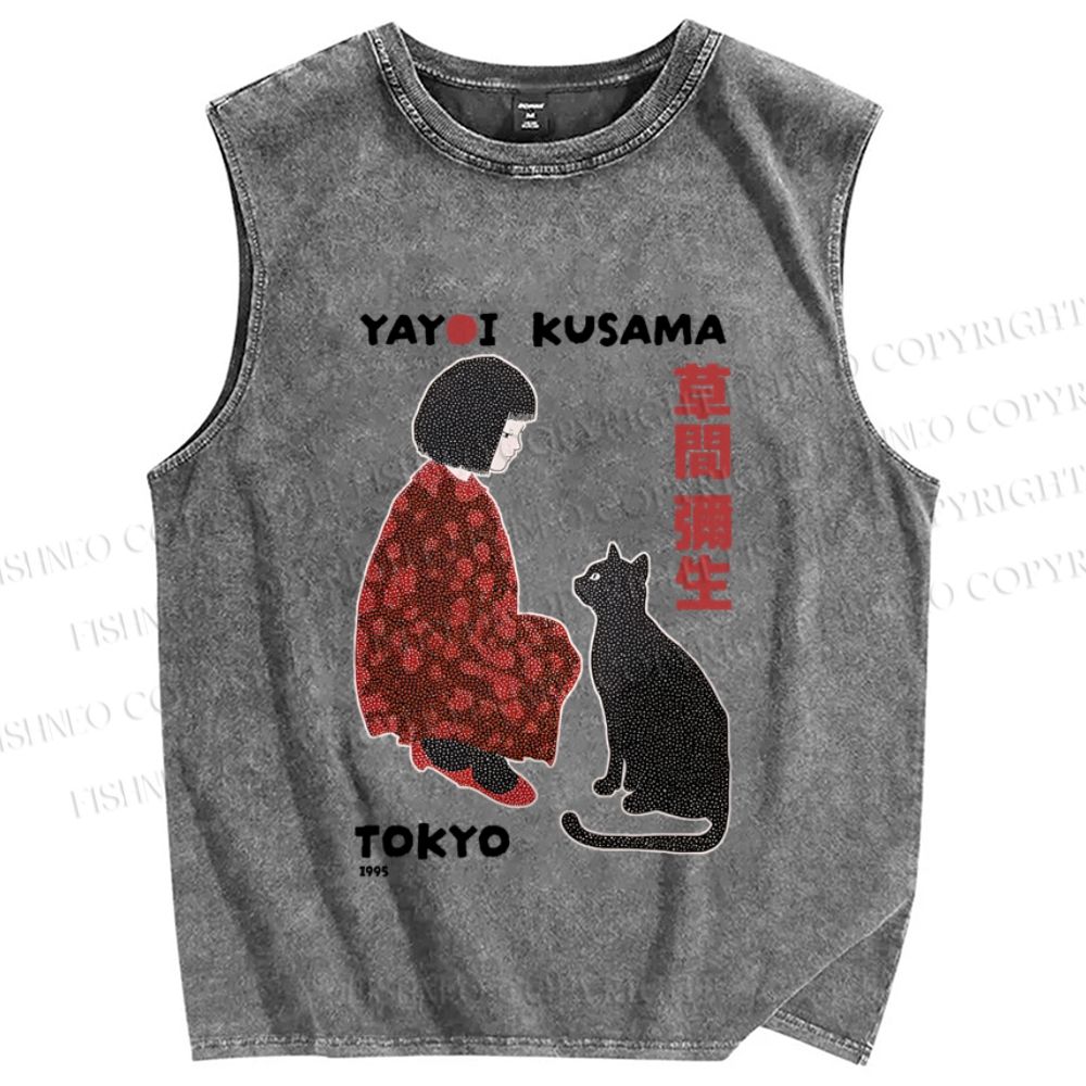 Unisex Yayoi Kusama Woman With Black Cat Printed Washed Tank Top