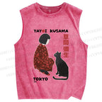 Unisex Yayoi Kusama Woman With Black Cat Printed Washed Tank Top