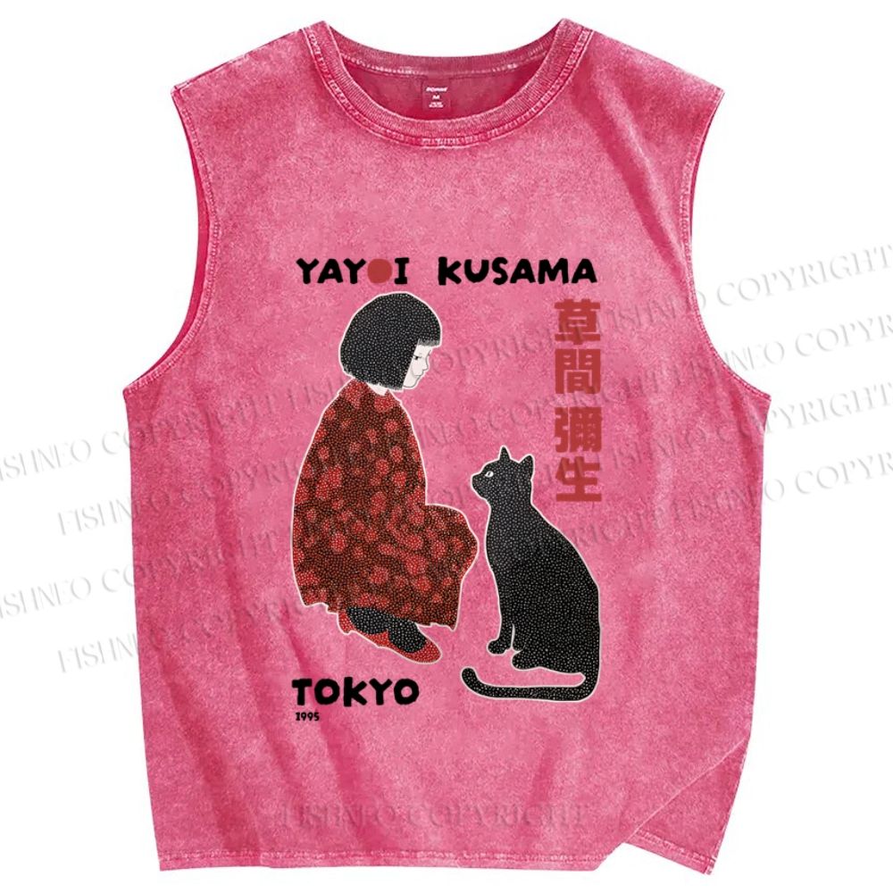 Unisex Yayoi Kusama Woman With Black Cat Printed Washed Tank Top