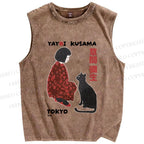 Unisex Yayoi Kusama Woman With Black Cat Printed Washed Tank Top