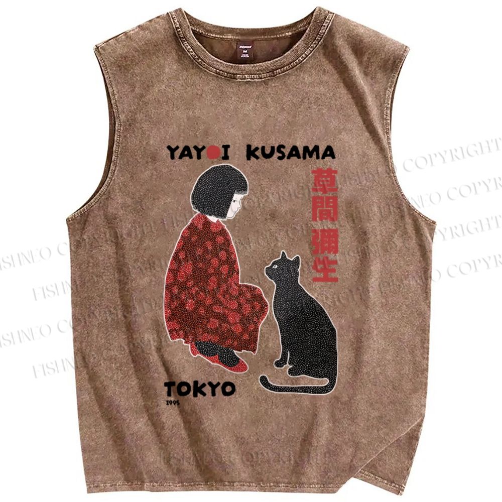 Unisex Yayoi Kusama Woman With Black Cat Printed Washed Tank Top