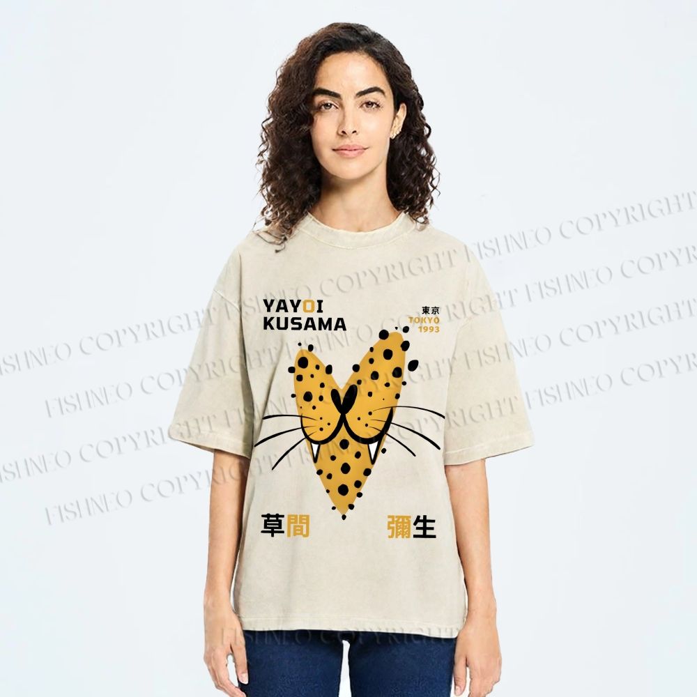 Unisex Yayoi Kusama Smiling Panther in Love Printed Washed Tee