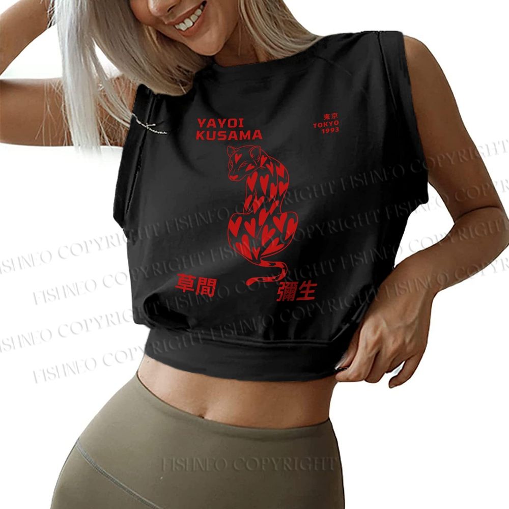 Yayoi Kusama Panther With Heart Printed Sleeveless Crop Tops