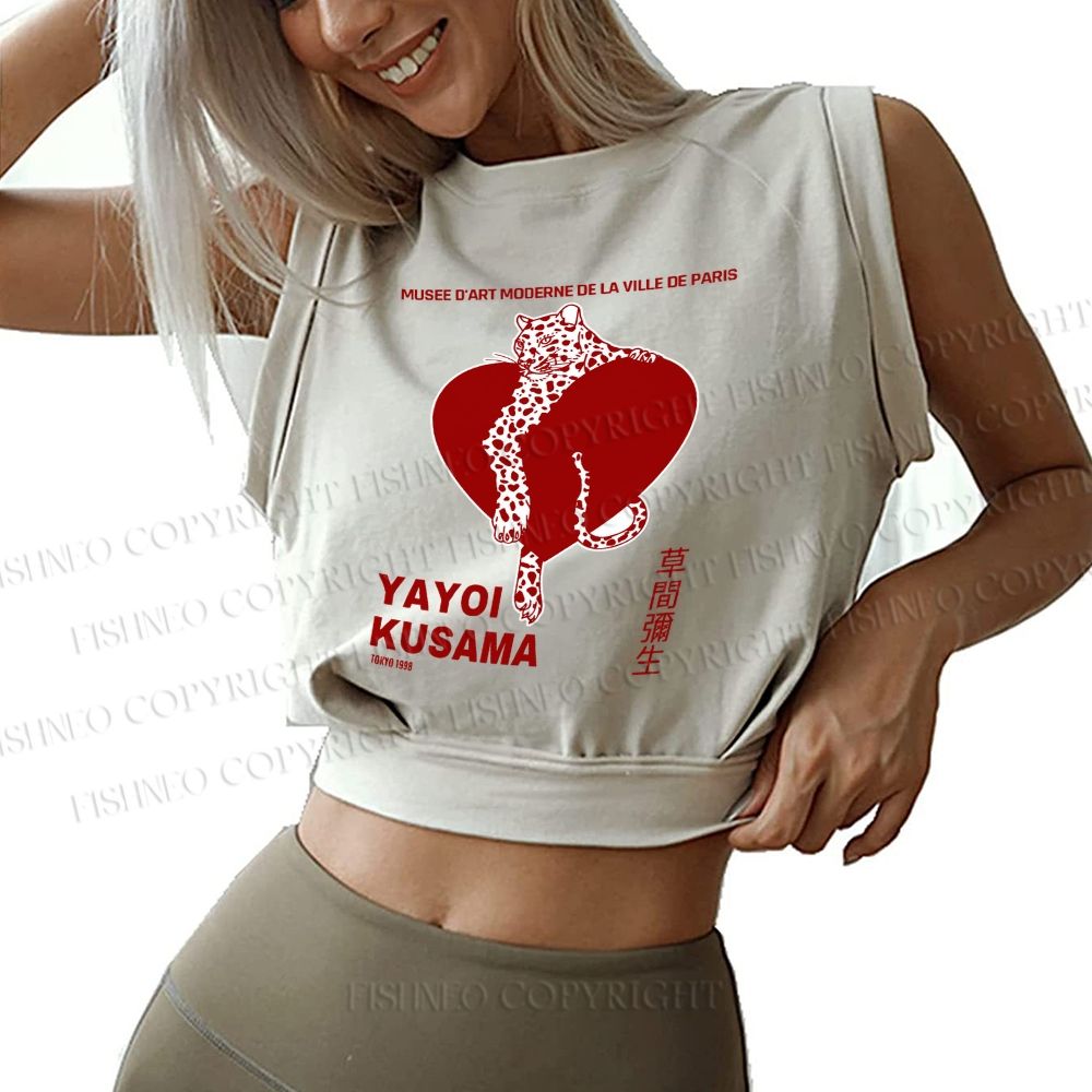 Yayoi Kusama Panther With Heart Printed Sleeveless Crop Tops